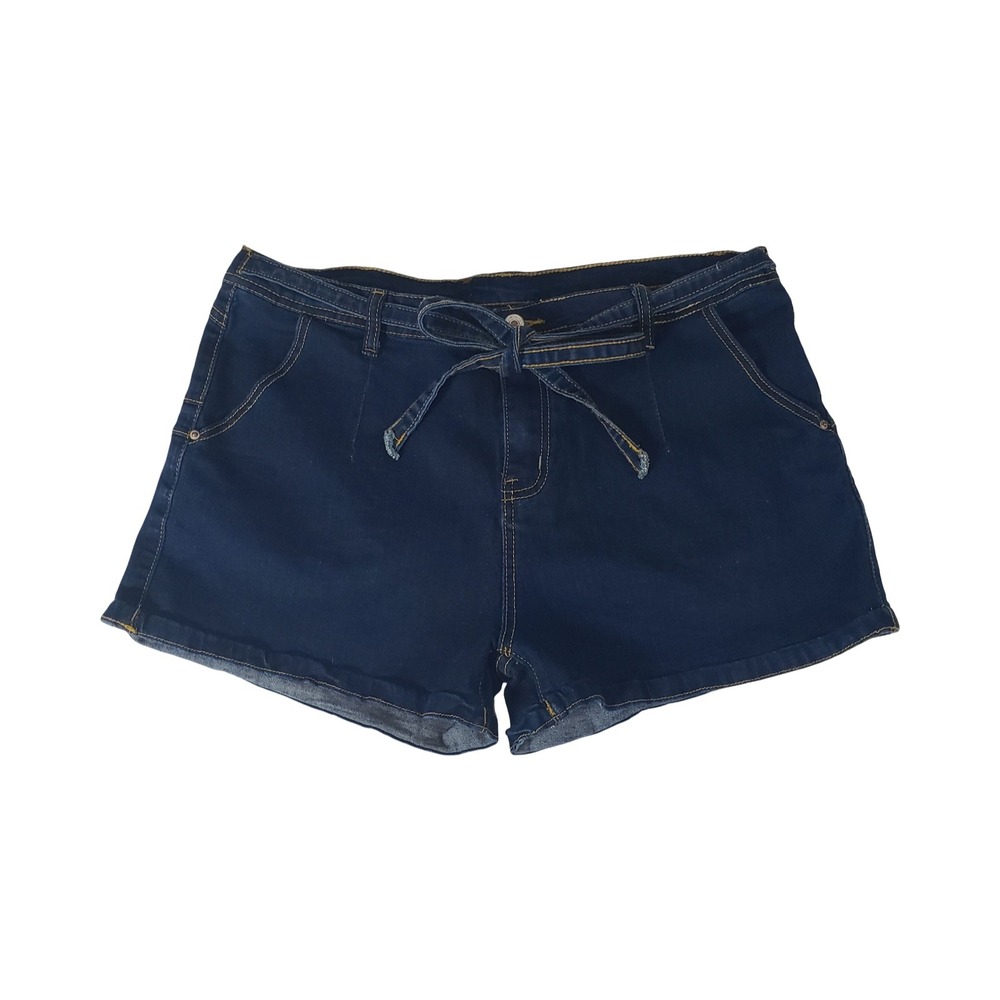 Navy Blue High Waisted Tie Front Denim Shorts Dark Wash XXL